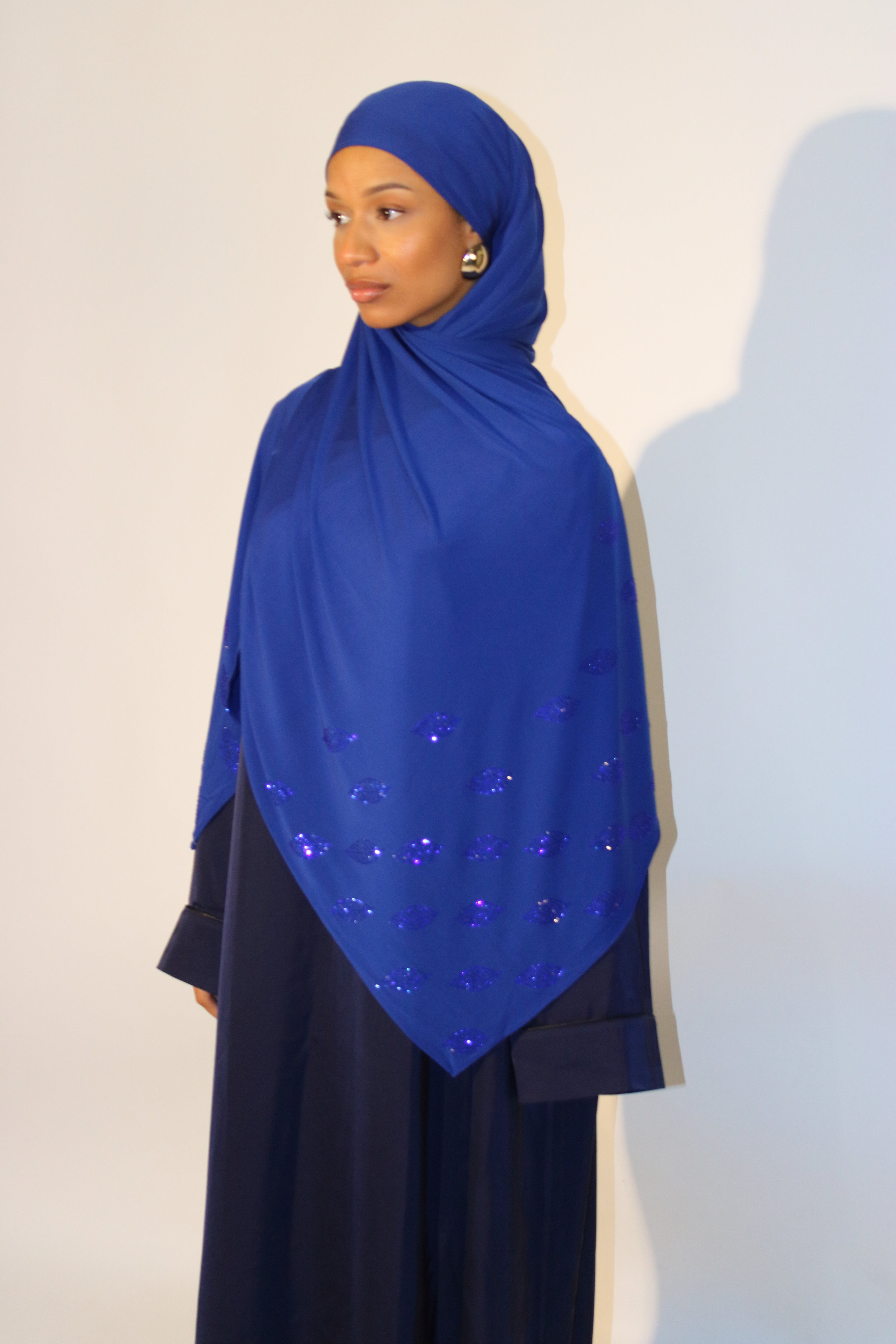 premium jersey hijab stone with leaf design colour blue navy