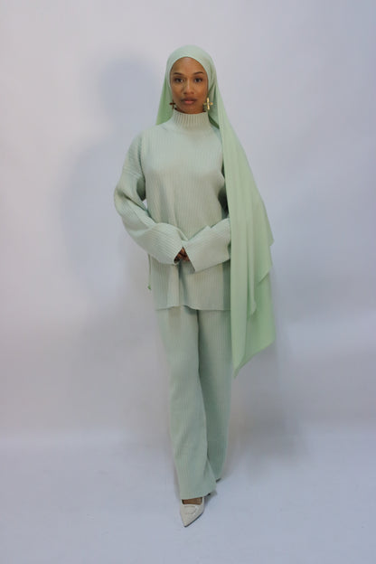 KNITTED TURTLENECK AND FLARED PANTS - LIGHT MINT